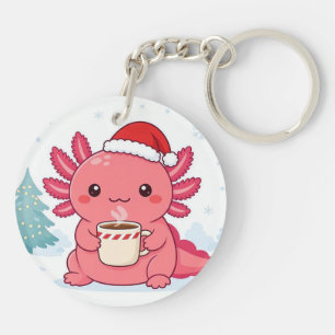 Süßer Kawaii Axolotl Weihnachts-Kaffee-Rundschlüss Schlüsselanhänger