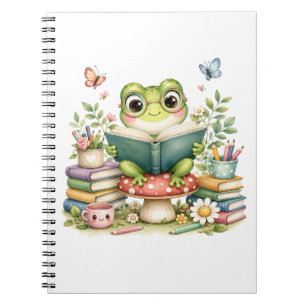 Süßer Kawaii-Frosch beim Lesen eines Buches Aqua Notizblock