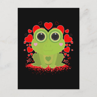 Süßer Kawaii-Frosch mit Herzen auf solidem Schwarz Postkarte