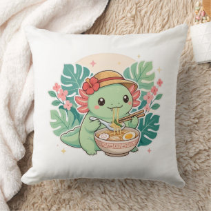 Süßer Kawaii grüner Axolotl, der Ramen-Nudeln isst Kissen