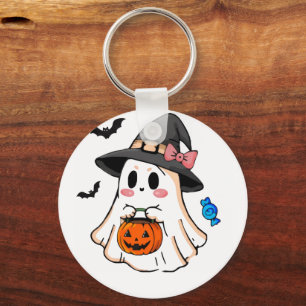 Süßer Kawaii-Halloween-Geist in Hexenhut mit Kürbi Schlüsselanhänger