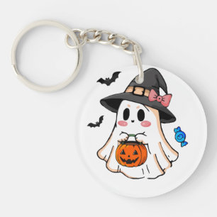 Süßer Kawaii-Halloween-Geist in Hexenhut mit Kürbi Schlüsselanhänger