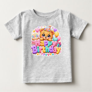 Süßer Kawaii Happy Birthday Teddy Bär Pastell Rosa Baby T-shirt