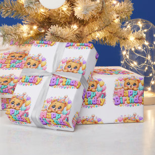 Süßer Kawaii Happy Birthday Teddy Bär Pastell Rosa Geschenkpapier