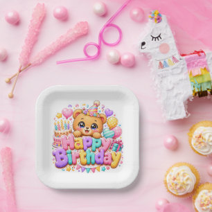 Süßer Kawaii Happy Birthday Teddy Bär Pastell Rosa Pappteller