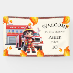 Süßer Kawaii-Junge Feuerwehrmann Feuerwehrauto Par Banner