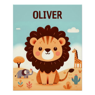 Süßer Kawaii-Löwe mit Safari-Freunden Poster