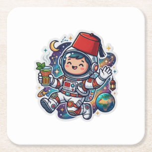 Süßer Kawaii-Marokkanischer Astronaut Minztee Fez- Rechteckiger Pappuntersetzer