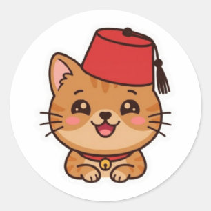 Süßer Kawaii-Marokkanischer Fez-Hut-Katzen-Aufkleb Runder Aufkleber