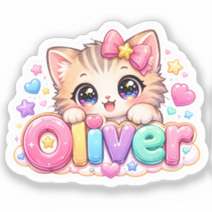 Süßer Kawaii Oliver Katzenname Pastellrosa Funkeln Aufkleber