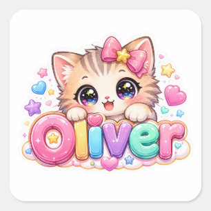 Süßer Kawaii Oliver Katzenname Pastellrosa Funkeln Quadratischer Aufkleber