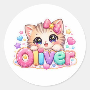 Süßer Kawaii Oliver Katzenname Pastellrosa Funkeln Runder Aufkleber