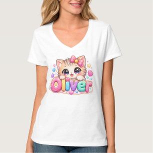 Süßer Kawaii Oliver Katzenname Pastellrosa Funkeln T-Shirt