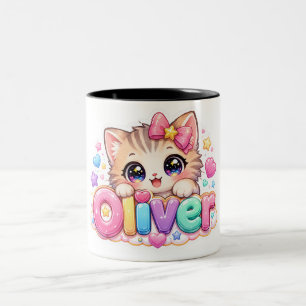 Süßer Kawaii Oliver Katzenname Pastellrosa Funkeln Zweifarbige Tasse