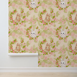 Süßer Kawaii-Osterhase und florale Kranz nahtlos Tapete