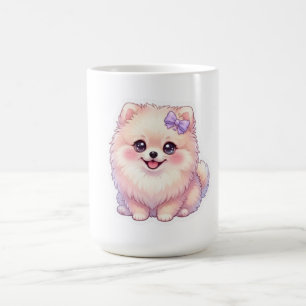 Süßer Kawaii Pomeranian Welpe mit lila Schleife in Kaffeetasse