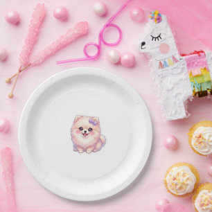 Süßer Kawaii Pomeranian Welpe mit lila Schleife in Pappteller
