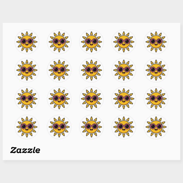 Süßer Kawaii Retro-Sonne mit rosa Sonnenbrille im  Runder Aufkleber (Blatt)