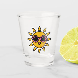 Süßer Kawaii Retro-Sonne mit rosa Sonnenbrille im  Schnapsglas