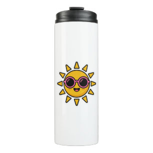 Süßer Kawaii Retro-Sonne mit rosa Sonnenbrille im  Thermosbecher