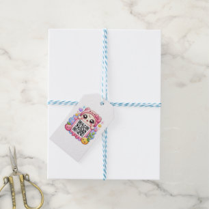 Süßer Kawaii Rosa QR-Code-Charakter Floral Pastell Geschenkanhänger