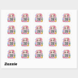Süßer Kawaii Rosa QR-Code-Charakter Floral Pastell Quadratischer Aufkleber
