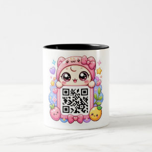 Süßer Kawaii Rosa QR-Code-Charakter Floral Pastell Zweifarbige Tasse