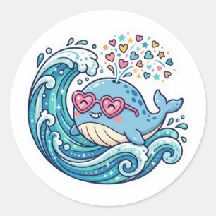 Süßer Kawaii-Sommer-Blauwal-Herz-Sonnenbrillen-Sti Runder Aufkleber