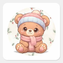 Süßer Kawaii-Teddybär-Aufkleber Quadratischer Aufkleber
