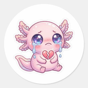 Süßer Kawaii trauriger Axolotl weint mit gebrochen Runder Aufkleber