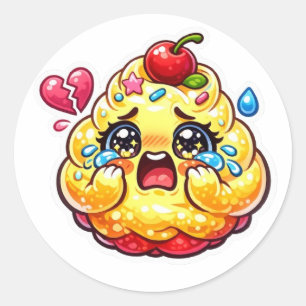 Süßer Kawaii trauriger Cupcake weint mit kaputtem Runder Aufkleber