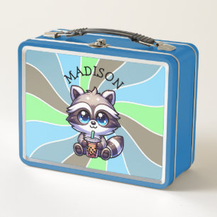 Süßer Kawaii-Waschbär mit Bubble Tea Personalisier Metall Brotdose