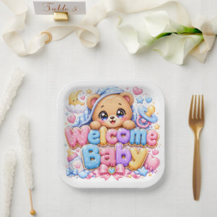 Süßer Kawaii Willkommen Baby Teddybär Pastell Rosa Pappteller