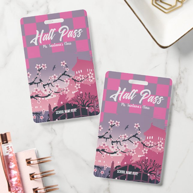 Süßer Kirschblüten-Hall-Pass Customizable Checker Ausweis (Büro)