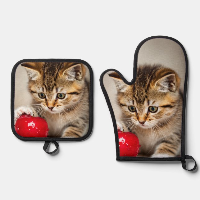 Süßer Kitten und Love Red Apple Ofenhandschuh & Topflappen-Set (Vorderseite)