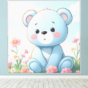 Süßer kleiner blauer Teddybär im Garten Leinwanddruck