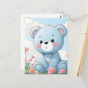Süßer kleiner blauer Teddybär im Garten Postkarte