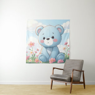 Süßer kleiner blauer Teddybär im Garten Wandteppich