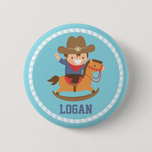 Süßer kleiner Cowboy auf Schaukelpferd Button