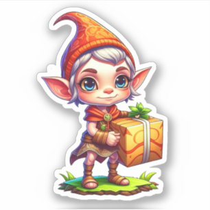 Süßer kleiner Elf hält Weihnachtsgeschenk Aufkleber