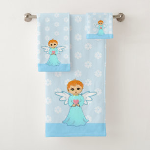 Süßer kleiner Engel und Blumenmuster auf Hellblau Badhandtuch Set