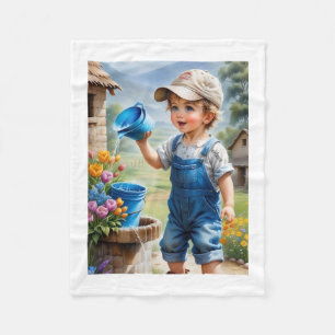 Süßer kleiner Junge, der Blumen wässert, Fleece-De Fleecedecke