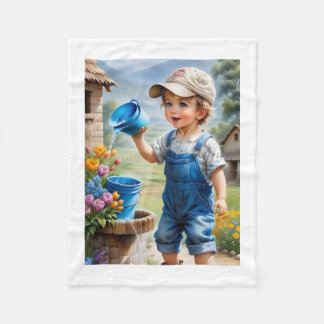 Süßer kleiner Junge, der Blumen wässert, Fleece-De Fleecedecke
