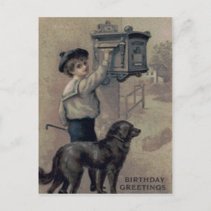 Süßer kleiner Junge Hund Briefkasten Brief Postkarte
