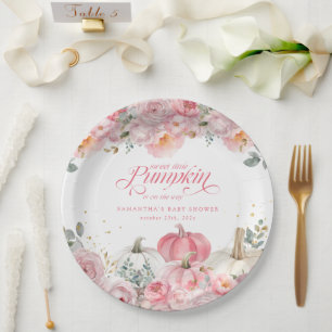 Süßer kleiner Kürbis rosa floraler Herbst-Baby-Sho Pappteller