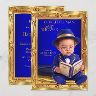 Süßer kleiner Mann Baby Shower Gold Blau Buch Einladung
