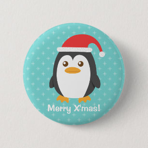 Süßer kleiner Pinguin mit Weihnachtsmannmütze Weih Button