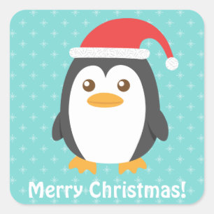 Süßer kleiner Pinguin mit Weihnachtsmannmütze Weih Quadratischer Aufkleber