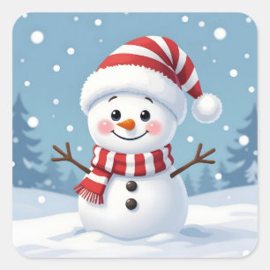 Süßer kleiner Schneemann mit Schal und Hut Quadratischer Aufkleber