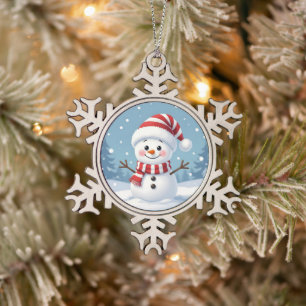 Süßer kleiner Schneemann mit Schal und Hut Schneeflocken Zinn-Ornament